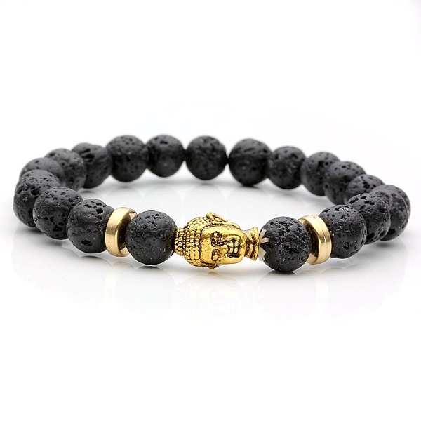 

PandaHall Natural Lava Rock & Buddha Head Beaded Stretch Bracelet Lava Rock Human