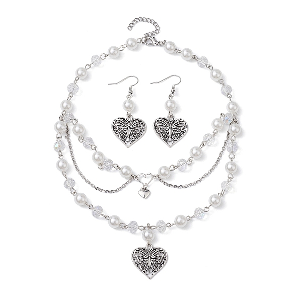 

PandaHall Tibetan Style Alloy Heart Jewelry Set, Glass Pearl Dangle Earrings & 304 Stainless Steel Chains Bib Necklace, Antique Silver...