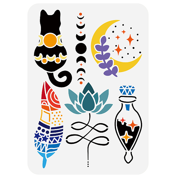 

PandaHall FINGERINSPIRE Magic Theme Stencil 8.3x11.7inch Black Cat Stencil Plastic Moon Phase Stars Lotus Feather Magic Bottle Patterns...