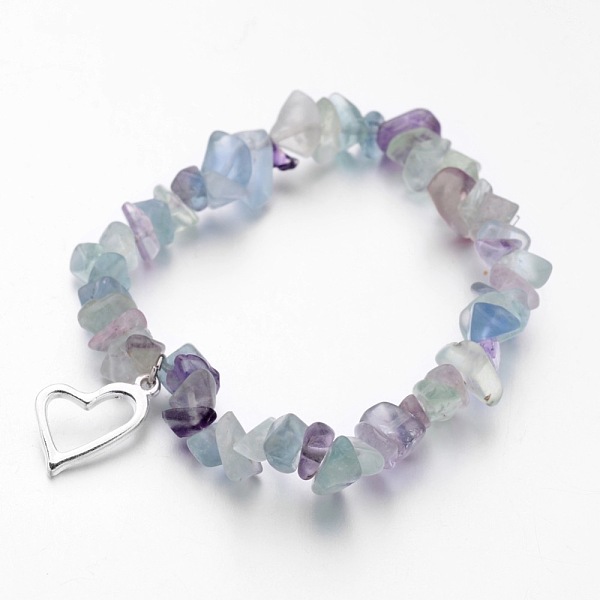 

PandaHall Alloy Charm Bracelets, Heart, with Natural Fluorite Chip Beads and Elastic Crystal Thread, Silver, 2-1/4 inch(55mm) Fluorite
