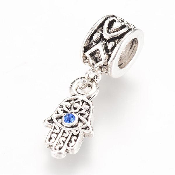 

PandaHall Alloy European Dangle Charms, with Rhinestones, Large Hole Pendants Hamsa Hand/Hand of Fatima/Hand of Miriam with Eye, Antique..., Blue