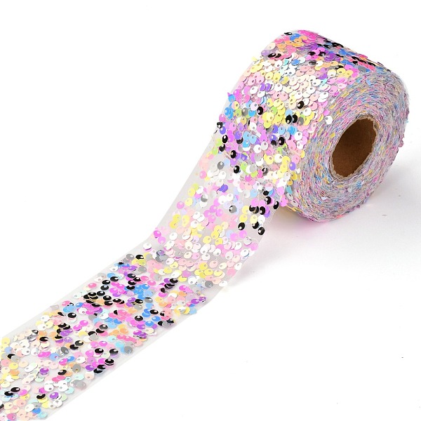 PandaHall Polyester Elastic Sequin Ribbons, with Bling Paillette, Medium Orchid, 2-3/8 inch(60mm), 10 yards(9.14m)/roll Polyester