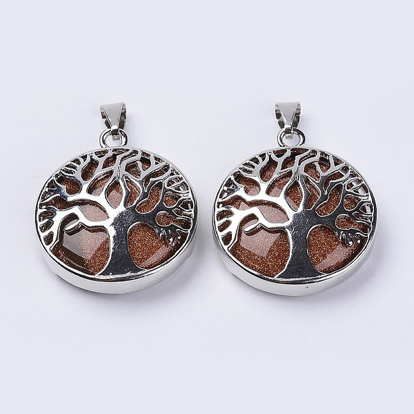 

PandaHall Synthetic Goldstone Pendants, with Platinum Plated Brass Findings, Flat Round with Tree of Life, 31x27x8mm, Hole: 3.5x7mm...
