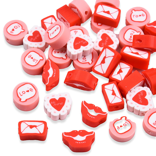 

PandaHall Handmade Polymer Clay Beads, Flat Round with Word Love & Heart, Mouth and Letter, Red, 5.5~9.5x9~11x4~5mm, Hole: 1.6mm Polymer...