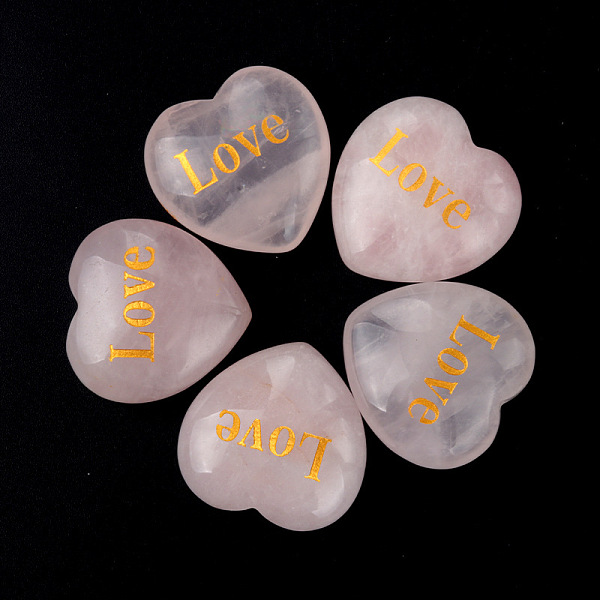 

PandaHall Natural Rose Quartz Display Decorations, Home Decoration, Heart with Word Love, 30x30x13mm Rose Quartz Heart Gold