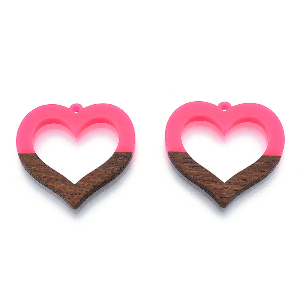 

PandaHall Opaque Resin & Walnut Wood Pendants, Hollow Heart Charm, Hot Pink, 34x35x3mm, Hole: 2mm Resin+Wood Heart