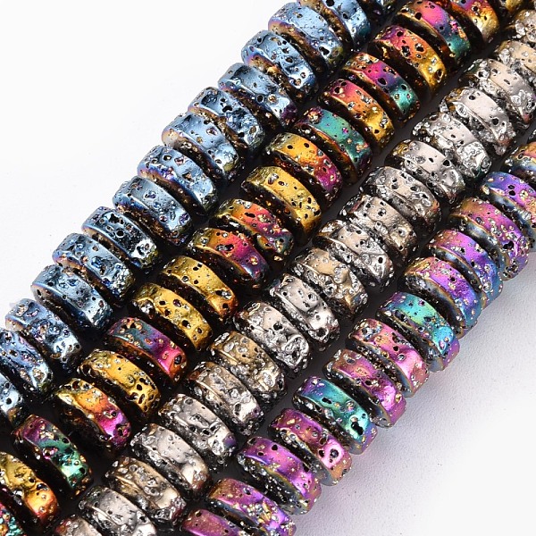 

PandaHall Electroplated Natural Lava Rock Beads Strands, Flat Round/Disc, Heishi Beads, Bumpy, Mixed Color, 8.5x4mm, Hole: 1mm, about..., Multicolor