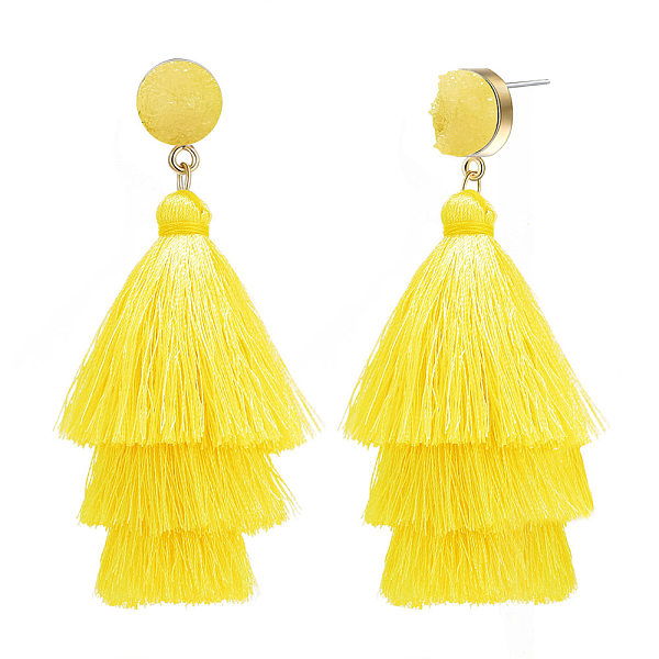 

PandaHall SHEGRACE Brass Stud Earrings, Dangle Earrings, with Resin and Tassel Pendants, Yellow, 88mm Resin Yellow
