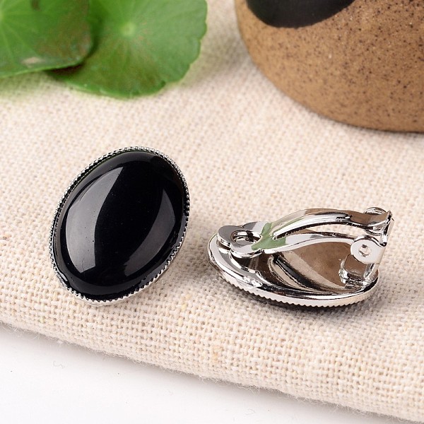 

PandaHall Natural Black Agate Oval Clip-on Earrings, with Platinum Plated Brass Findings, 21x15mm Black Agate