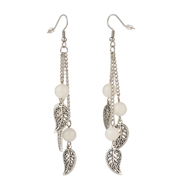 

PandaHall Natural White Jade Bead Dangle Earrings, Leaf Alloy Chandelier Earrings, 94~96mm, Pin: 0.6mm White Jade