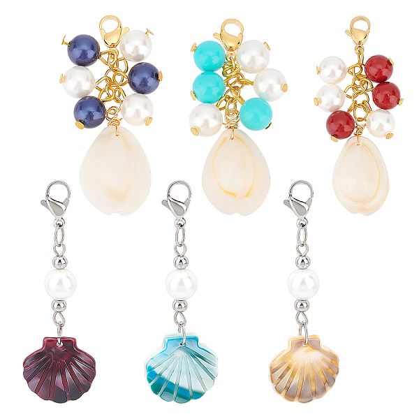 

PandaHall 6 Style Cellulose Acetate(Resin) & Cowrie Shell Big Pendants, with Glass & Shell Pearl Beads, Stainless Steel Lobster Claw Clasps..., Multicolor