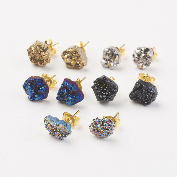 

PandaHall Electroplate Natural Druzy Agate Stud Earrings, with Brass Findings, Nuggets, Golden, Mixed Color, 6~11x4~10x3~5mm, Pin: 0.7mm..., Multicolor