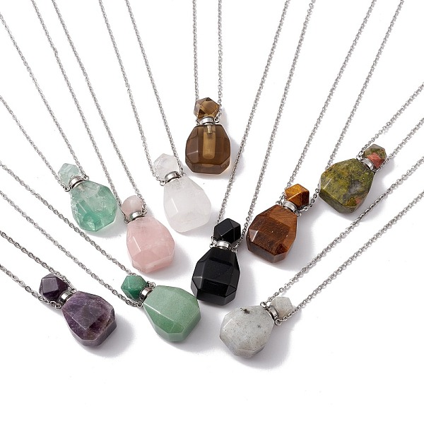 PandaHall Openable Faceted Natural & Synthetic Mixed Stone Perfume Bottle Pendant Necklaces for Women, 304 Stainless Steel Cable Chain...