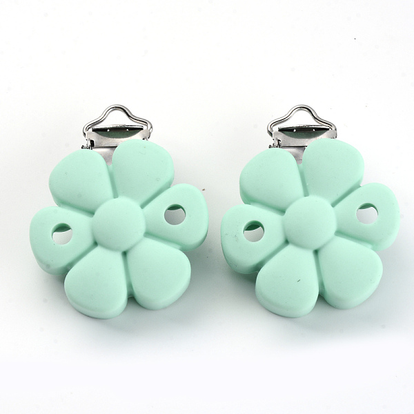 

PandaHall Food Grade Eco-Friendly Silicone Baby Pacifier Clips, with 304 Stainless Steel Clips, Flower, Stainless Steel Color, Aquamarine..., Green