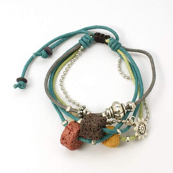 

PandaHall Lava Rock Beads Bracelets, Waxed Cotton Cord with Alloy Findings, Wood Beads and CCB Plastic, Teal, 46mm Lava Rock Cyan