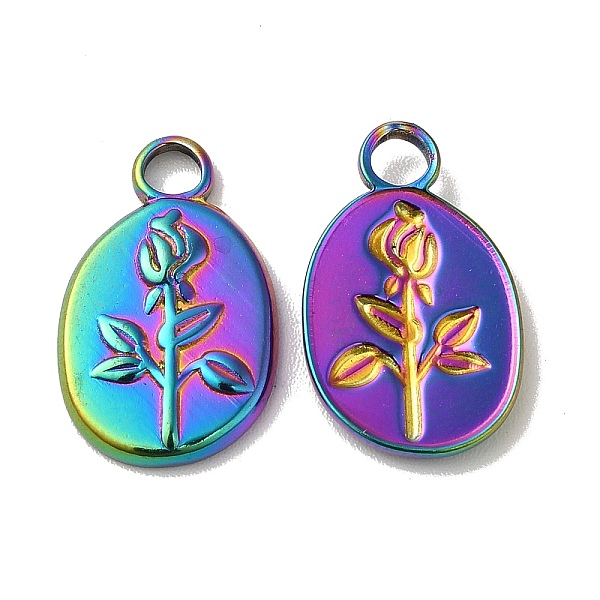 

PandaHall Ion Plating(IP) 304 Stainless Steel Pendants, Oval with Flower Charm, Rainbow Color, 17x11x2mm, Hole: 3mm 304 Stainless Steel Oval