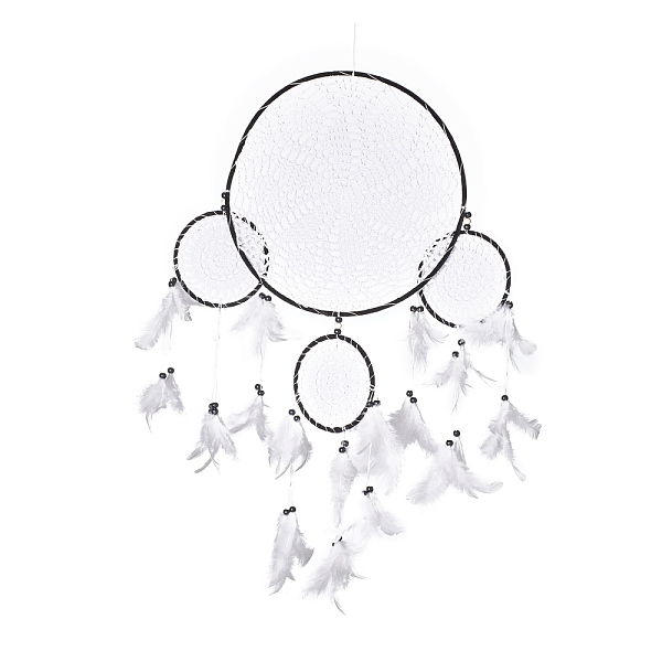 

PandaHall Handmade Round Cotton Woven Net/Web with Feather Wall Hanging Decoration, with Iron Rings, Wooden Beads, for Home Offices Amulet..., Black