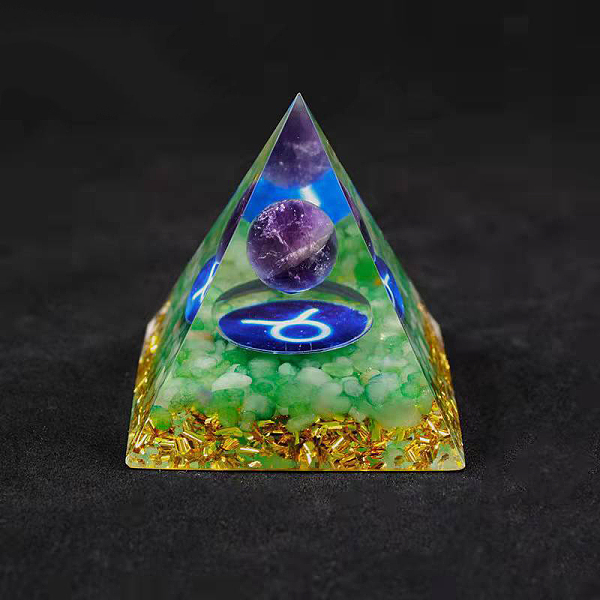 

PandaHall Resin Orgonite Pyramid Home Display Decorations, with Natural Amethyst/Natural Gemstone Chips, Constellation, Taurus, 50x50x50mm...