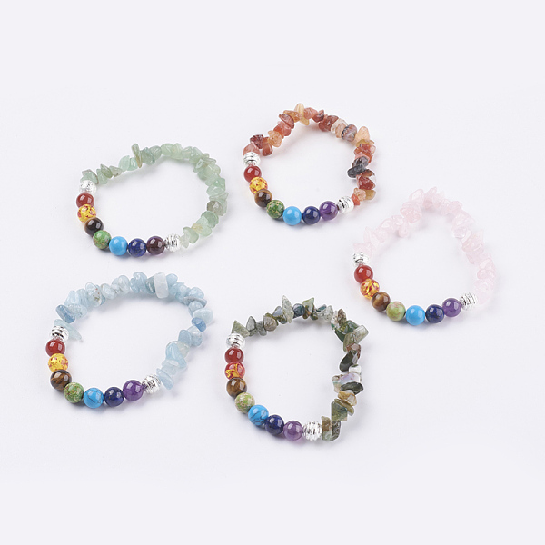 

PandaHall Chakra Jewelry, Natural & Synthetic Gemstone Bead Stretch Bracelets, with Brass Beads, Silver Color Plated, 2 inch(52mm) Mixed...
