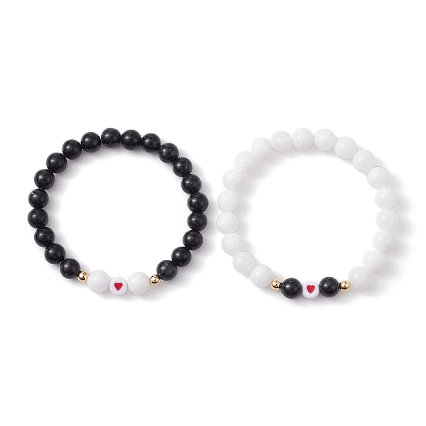 

PandaHall 2Pcs 2 Colors Dyed Natural Malaysia Jade & Synthetic Hematite Stretch Bracelets Set, Acrylic Heart Stackable Bracelets, Black and...