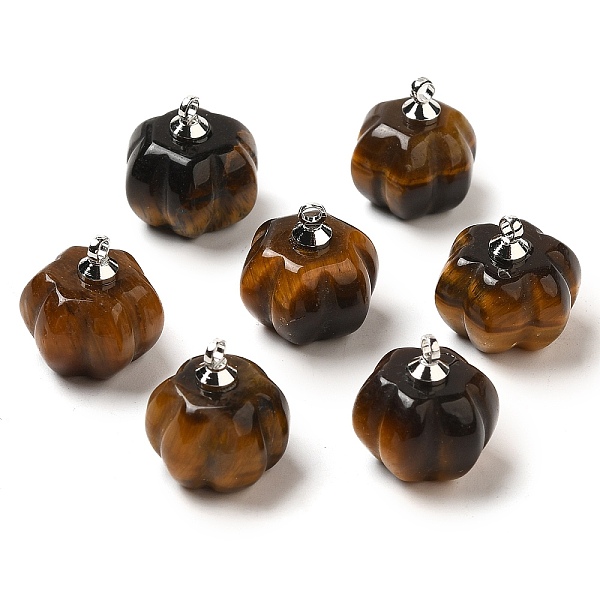 Natural Tiger Eye Pumpkin Charms With Platinum Tone Brass Bails