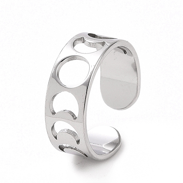 304 Stainless Steel Hollow Out Moon Phase Open Cuff Ring For Women