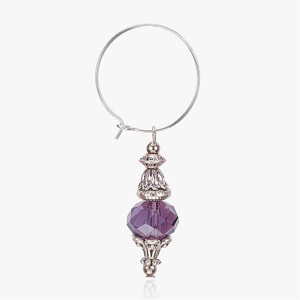 

PandaHall Wine Glass Charms, with Alloy and Glass Findings, Brass Hoops, Silver Color Plated & Antique Silver, Purple, 58mm Brass Purple