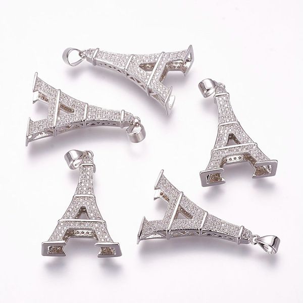 

PandaHall Brass Micro Pave Cubic Zirconia Pendants, Eiffel Tower, Platinum, 28x19x6.5mm, Hole: 3.5x4mm Brass+Cubic Zirconia Building