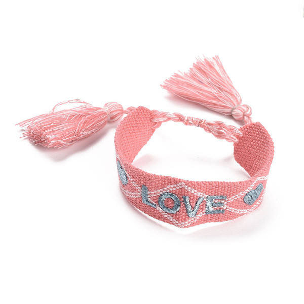 

PandaHall Word Love Polycotton(Polyester Cotton) Braided Bracelet with Tassel Charm, Flat Adjustable Wide Wristband for Couple, Light Coral...