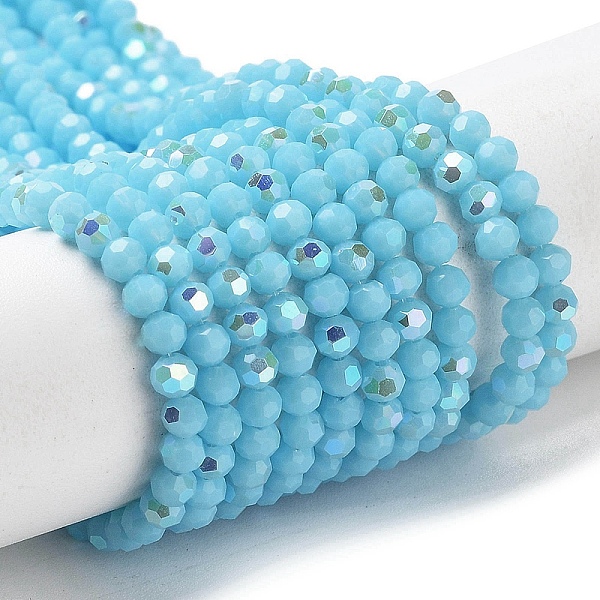 

PandaHall Opaque Glass Beads Strands, Faceted, Round, Sky Blue, 3mm, Hole: 0.8mm, about 163~166pcs/strand, 50~51cm Glass Round