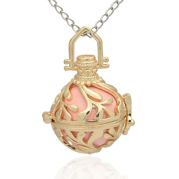 

PandaHall Golden Tone Brass Hollow Round Cage Pendants, with No Hole Spray Painted Brass Round Ball Beads, Pink, 36x25x21mm, Hole: 6x7mm...