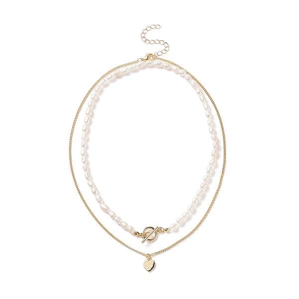 

PandaHall 2Pcs 2 Style Natural Pearl Beaded Necklace Set, Brass Heart Charm Stackable Bracelets for Women, Golden, 15.9~17.80 inch..., White