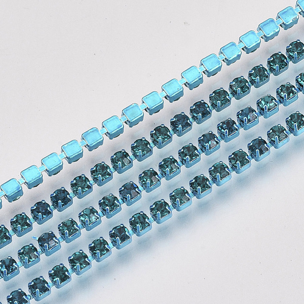 

PandaHall Electrophoresis Iron Rhinestone Strass Chains, Rhinestone Cup Chains, with Spool, Blue Zircon, SS8.5, 2.4~2.5mm, about..., Cyan