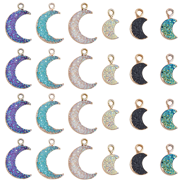 

PandaHall Druzy Resin Charms, with Edge Light Gold Plated Iron Loops, Moon, Mixed Color, 14~15x8x4mm, Hole: 1.8mm, 24pcs/box Iron+Resin Moon..., Multicolor