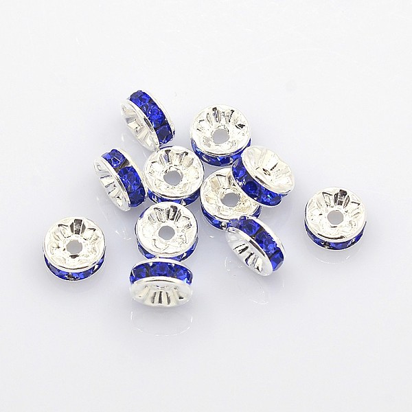 

PandaHall Brass Rhinestone Spacer Beads, Grade A, Silver Color Plated, Rondelle, Blue, Size: about 8mm in diameter, 3.5mm thick, hole: 2mm...