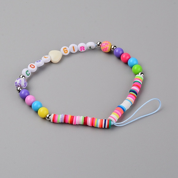 

PandaHall Polymer Clay Heishi Beaded Mobile Straps, with Acrylic Beads, Word Cool Girl, Mixed Color, 16.7cm Polymer Clay Multicolor