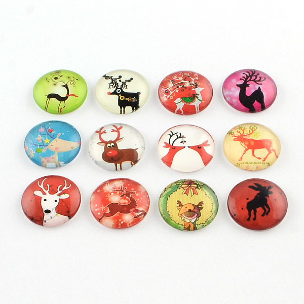 

PandaHall Half Round/Dome Christmas Reindeer/Stag Pattern Glass Flatback Cabochons for DIY Projects, Mixed Color, 12x4mm Glass Half Round..., Multicolor