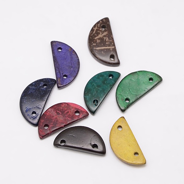

PandaHall Dyed Wood Jewelry Findings Coconut Links, Half Flat Round, Mixed Color, 25~25x11~13x2mm, Hole: 2mm Coconut Half Round Multicolor
