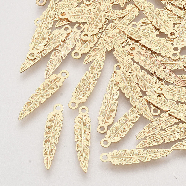 

PandaHall Brass Pendants, Etched Metal Embellishments, Long-Lasting Plated, Feather, Light Gold, 17x4x0.3mm, Hole: 1mm Brass Feather