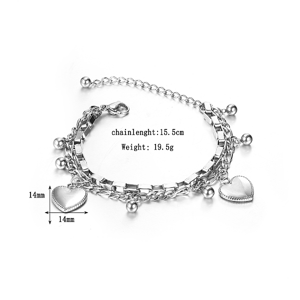 Non-Tarnish Stainless Steel Peach Heart Double Layer Charm Bracelets For Women