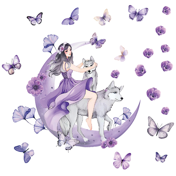 

PandaHall SUPERDANT Purple Girl Wall Decor Girl on The Moon Wall Stickers with Butterflies Wolfs Wall Decal Animal DIY Art PVC for Girls'...