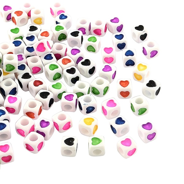 

PandaHall White Opaque Acrylic European Beads, Large Hole, Cube with Mixed Color Heart Pattern, 7x7x7mm, Hole: 4mm, about 760pcs/200g..., Multicolor