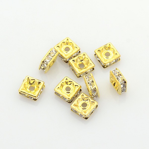 

PandaHall Brass Rhinestone Spacer Beads, Grade A, Golden Metal Color, Square, Crystal, 6x6x3mm, Hole: 1mm Brass+Rhinestone Square Clear