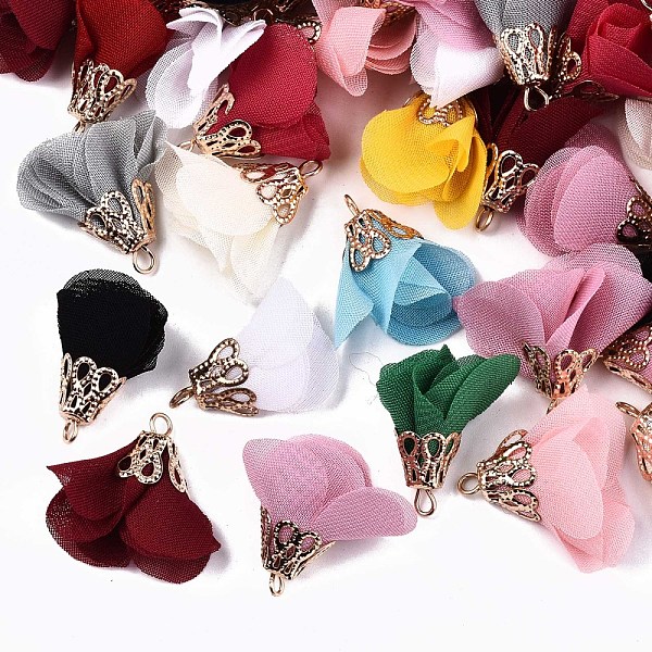 

PandaHall Chiffon Pendants, with Golden Iron Findings, Flower, Mixed Color, 26~27x24~26x18~20mm, Hole: 2mm Cloth Flower Multicolor