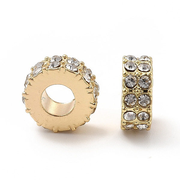 

PandaHall Rack Plating Alloy Rhinestone European Beads, Large Hole Beads, Flat Round, Light Gold, 11x4.5mm, Hole: 5mm Alloy+Rhinestone Flat..., Clear