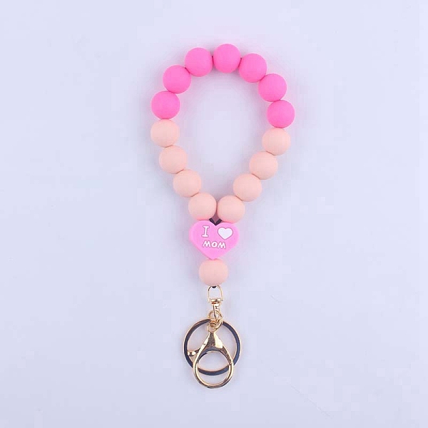

PandaHall Heart Word I Love Mom Silicone Beaded Wristlet Keychain, with Iron Findings, for Women Car Key or Bag Decoration, Pink, 18cm...