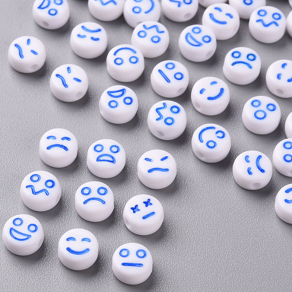 

PandaHall White Opaque Acrylic Beads, Flat Round with Expression, Dodger Blue, 7x4mm, Hole: 1.6mm, about 3650pcs/500g Acrylic Flat Round