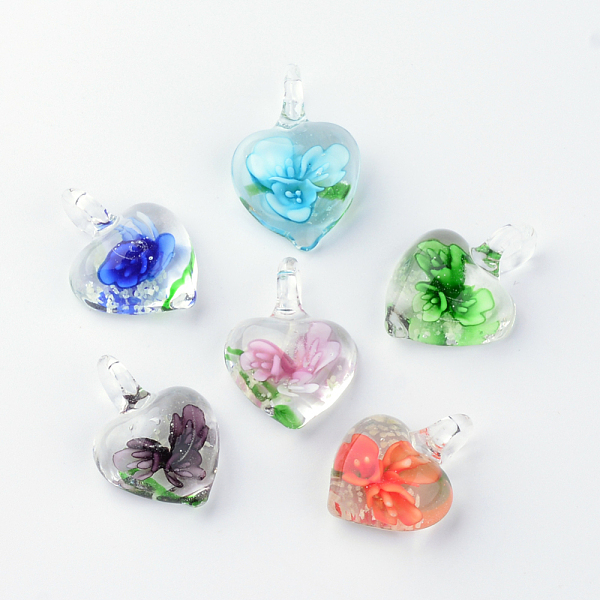 

PandaHall Handmade Luminous Lampwork Pendants, with Inner Flower, Heart, Mixed Color, 27~33x21~23x9~11mm, Hole: 4~7mm Lampwork Heart..., Multicolor