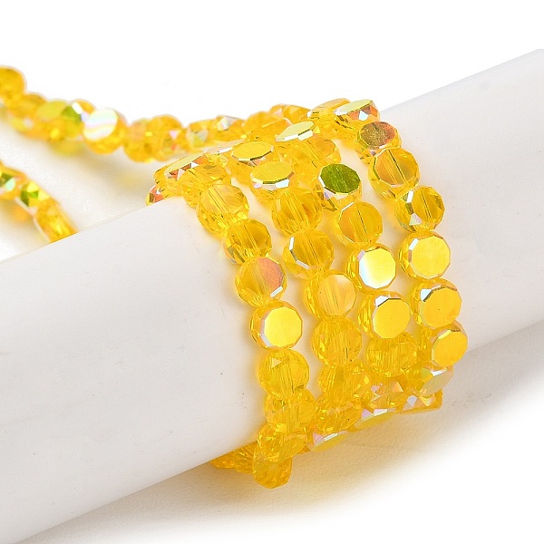 

PandaHall Transparent Electroplate Glass Beads Strands, AB Color Plated, Faceted, Flat Round, Gold, 4x4x2.5mm, Hole: 1.1mm, about...