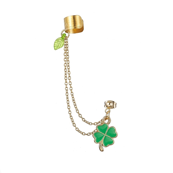 

PandaHall 304 Stainless Steel Cuff Earring Chains, Alloy Charms Stud Earrings Crawler Earrings, Clover, 90mm Alloy Clover Green